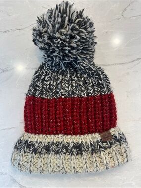 Roots Marled Black & Cream Pom Pom Beanie with Red Band